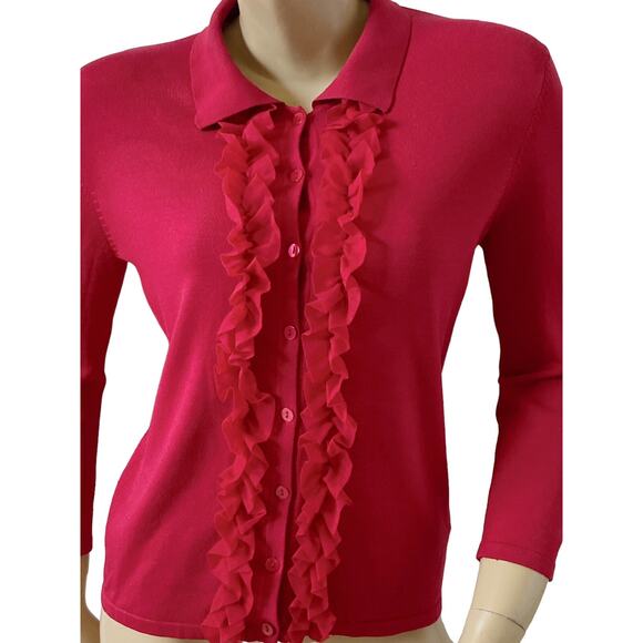 MARY JANE MARCASIANO Womens Size Small Silk Blend Red Ruffled Cardigan Sweater - Picture 5 of 6